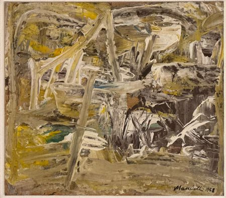 Pompilio Mandelli (Luzzara, 14/06/1912 - Bologna, 28/05/2006) 
"Paesaggio informale" 
Olio su tavola Cm 21,5x24,5