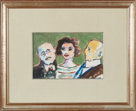 Mino Maccari (Siena, 24/11/1898 - Roma, 16/06/1989) 
"Tre figure" 
Olio su faesite Cm 20x30