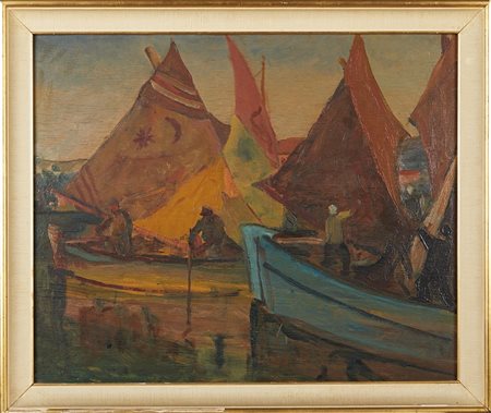 Anacleto Margotti (Lugo, 1895 - Imola, 1984) 
"Barche" 
Olio su tavola Cm 50x60