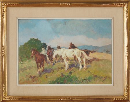Carlo Domenici (Livorno, 18/03/1897 - Portoferraio, 29/06/1981) 
"Paesaggio con cavalli" 
Olio su faesite Cm 35x50