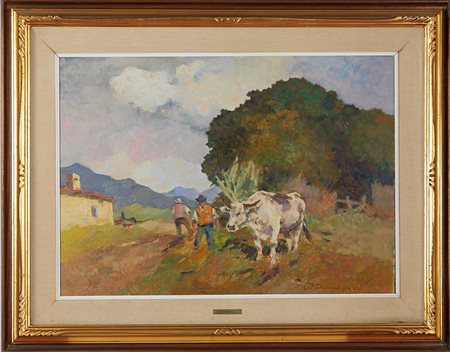 Carlo Domenici (Livorno, 18/03/1897 - Portoferraio, 29/06/1981) 
"La mucca bianca" 
Olio su faesite Cm 50,5x70