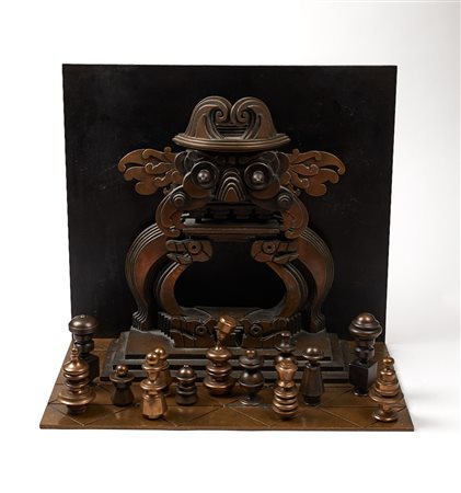 Luciano  De Vita (Ancona, 24/05/1929 - Bologna ,  14/10/1992) 
"Proscenio Turandot con 14 figure in bronzo decorato e brunito" 
Scultura in bronzo  Cm 48x44x23