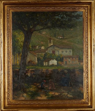 Rito Baccarini (Gonzaga, 1895 - Milano, 1970) 
"Paesaggio con figure" 
Olio su faesite Cm 80x63