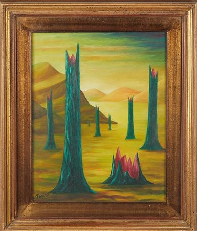 Enrico Tanzi (Parma, 1909 - Parma , 1197) 
"Paesaggio surrealista" 
Olio su tela Cm 50x40