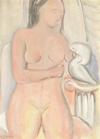Giorgio Polikratis NUDO E PICCIONI olio su tela, cm 68x50 firma sul retro:...