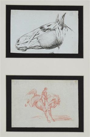 Emilio Lapi BOZZETTI CON TESTA DI CAVALLO E CAVALIERE RAMPANTE china nera e...