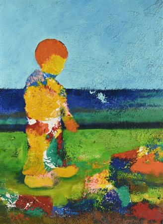 Anonimo FIGURA NEL PAESAGGIO olio su masonite, cm 55x40