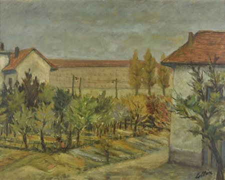 Ignoto PAESAGGIO CON CASE E ALBERI olio su tavola, cm 40x50 firma (Collina)