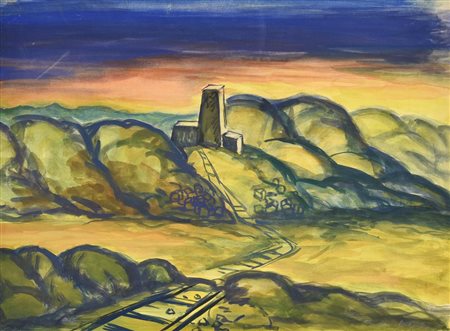 Anonimo TORRE E COLLINE tecnica mista su carta intelata, cm 33x45 lievi difetti