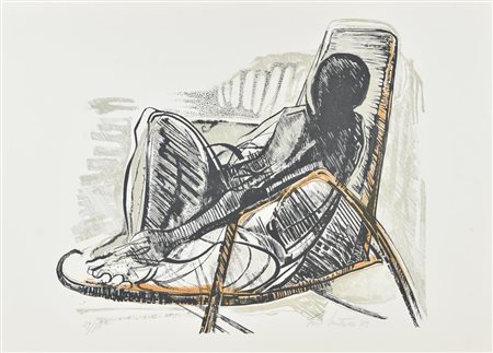 Tano Santoro FIGURA SULLA SDRAIO, 1973 litografia, cm 50x70; es. 29/70 firma,...