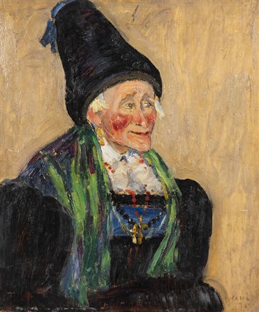 FELICE VELLAN<BR>Torino 1889 - 1976<BR>"Donna anziana in costume della Val Gardena" anni '20