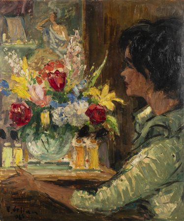 FELICE VELLAN<BR>Torino 1889 - 1976<BR>"Profilo di donna con vaso fiorito" 1965