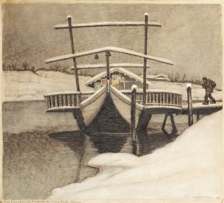 FELICE VELLAN<BR>Torino 1889 - 1976<BR>"Sul fiume Po-Il traghetto di Millefonti-Torino" 1923