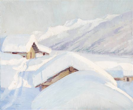 FELICE VELLAN<BR>Torino 1889 - 1976<BR>"Case sotto la neve (In val di Macugnaga)" 1923