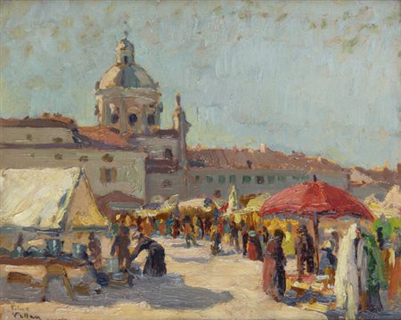 FELICE VELLAN<BR>Torino 1889 - 1976<BR>"Un giorno di mercato a Casale" 1925