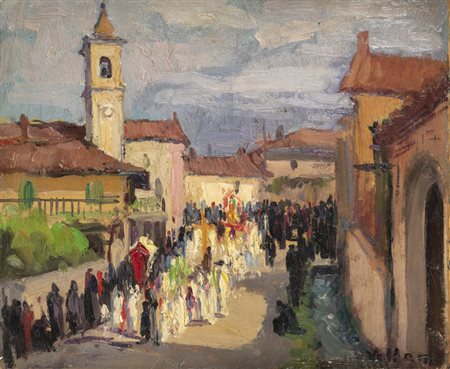 FELICE VELLAN<BR>Torino 1889 - 1976<BR>"Processione di S. Rocco a Mazzè (Caluso)" agosto 1944
