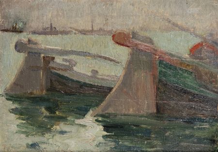 FELICE VELLAN<BR>Torino 1889 - 1976<BR>"Scorcio con barche" anni Cinquanta