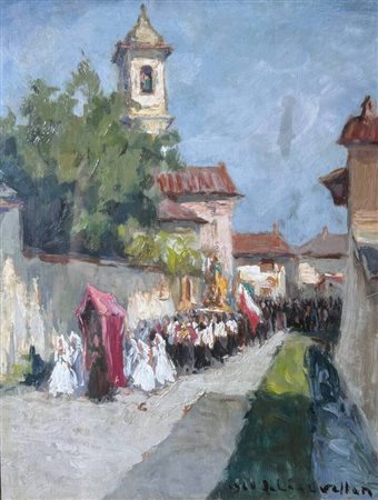 FELICE VELLAN<BR>Torino 1889 - 1976<BR>"Processione a Mazzè" (Caluso) settembre 1960