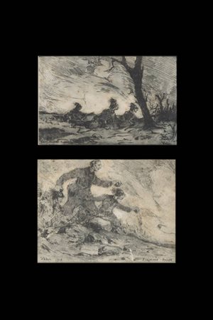 FELICE VELLAN<BR>Torino 1889 - 1976<BR>Lotto di due incisioni sulla Grande Guerra, 1918