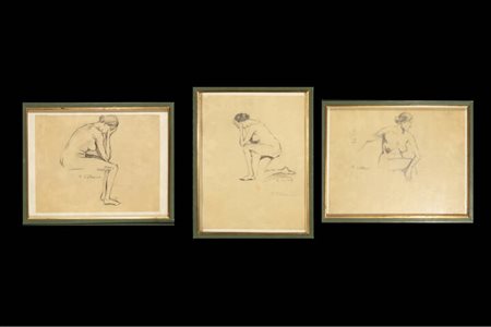 FELICE VELLAN<BR>Torino 1889 - 1976<BR>Lotto di tre "Studi di nudo femminile" 2-5-1919