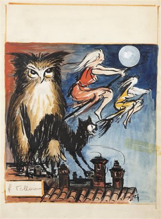 FELICE VELLAN<BR>Torino 1889 - 1976<BR>"Streghe e gufo"