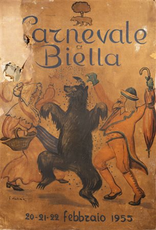 FELICE VELLAN<BR>Torino 1889 - 1976<BR>“Carnevale a Biella”, 20-21-22 febbraio 1955