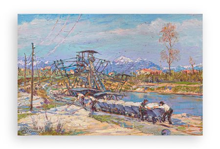 ACHILLE JEMOLI (1878-1960) - Lavori di raccordo ferroviario - campagna di Milano, 1916