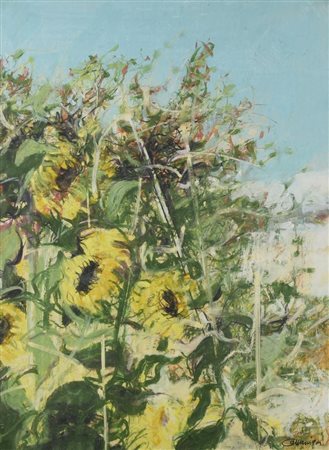 Giancarlo Cazzaniga GIRASOLI tecnica mista su carta, cm 60x45 firma