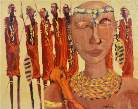 Giorgio Melzi CAROVANA MASAI olio su tela, cm 40x50 firma sul retro: firma e...