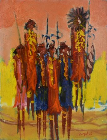 Giorgio Melzi MASAI LA DANZA olio su tela, cm 40x30 firma sul retro: firma e...