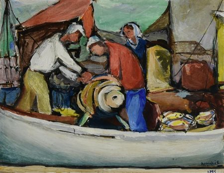 Enrico Posarelli PESCATORI, 1955 olio su tela, cm 24x30 firma e data