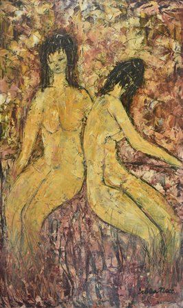 Giovanna Della Noce NUDE TRA I FIORI, 1980 olio su tela, cm 100x60 firma sul...