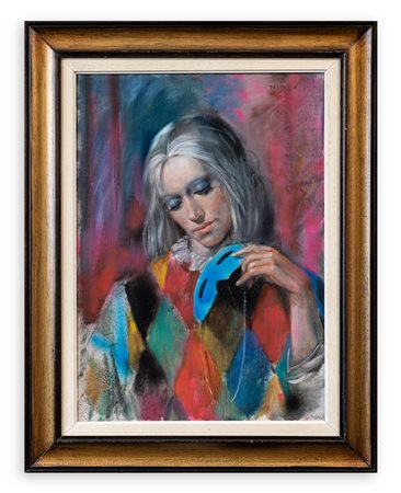 PROFERIO GROSSI (1923-2000) - Arlecchina con maschera azzurra