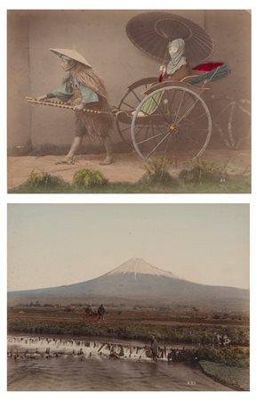Kimbei Kusakabe (attribuito a) (1841 - 1934)  - Fujiyama from Maita Village, At Tokaido ; Jinrikishia,  1890s/1900s