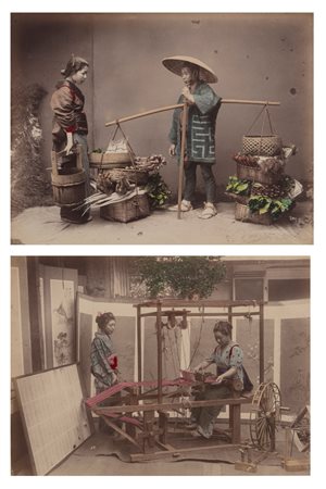Kimbei Kusakabe (attribuito a) (1841 - 1934)  - Weaving silk ; Vegetable pedlar, 1890s/1900s