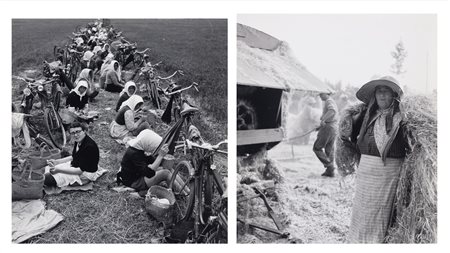 Enrico Pasquali (attribuito a) (1923 - 2004)  - Senza titolo (Mondina, canapa e bracciante e pranzo delle mondine), 1960s