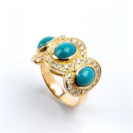  
Anello a fascia in oro con diamanti e turchesi   
 
