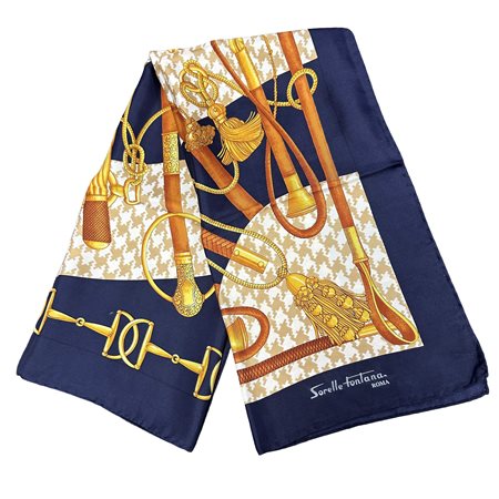 Sorelle Fontana  Atelier (Roma 1943)  - Foulard in seta fondo blu stampe oro