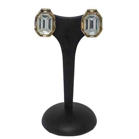Orecchini vintage a clip in metallo dorato con pietra trasparente ottagonale