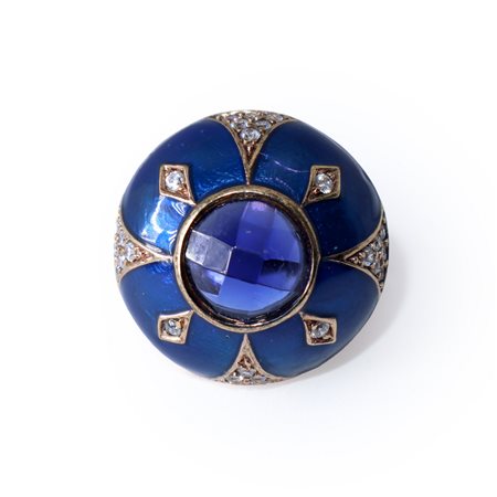 Anello rotondo in argento 925 con pietra blu centrale e smalti blu