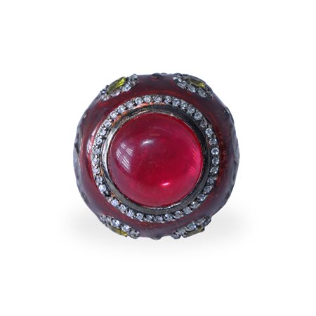Anello in argento 925  regolabile con smalto rosso quarzo rosso centrale
