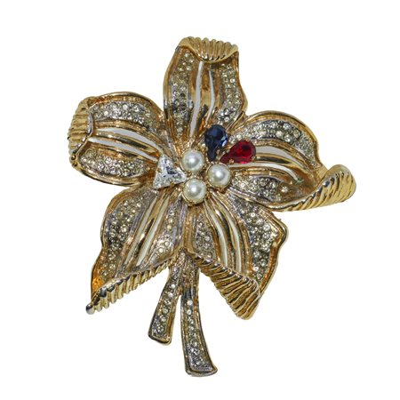 Spilla con fiore dorato, strass e pietre. Kalò bijoux