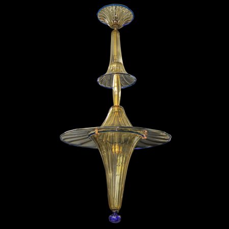 Cappellin & C. Murano - Lampadario in vetro di Murano color pagliesco con perfilo blu