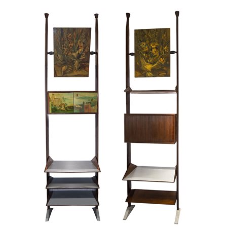 Libreria modulare costituita da due moduli estensibili con pannelli dipinti firmati G. Crestani , 1960s