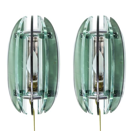 Veca - Coppia di applique Veca in metallo e vetro verde , 70s
