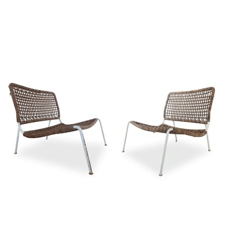 Piero Lissoni  per Living Divani - Coppia di poltrone modello Frog con struttura in metallo e seduta in cuoio intrecciato