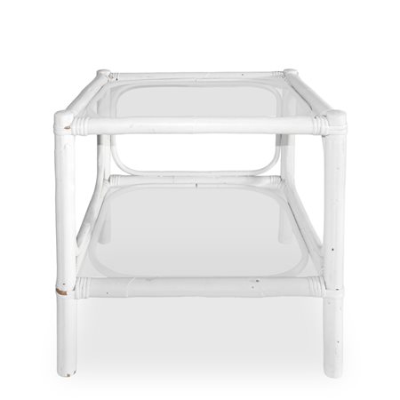 Tavolino da centro in rattan smaltato bianco  a due piani in vetro