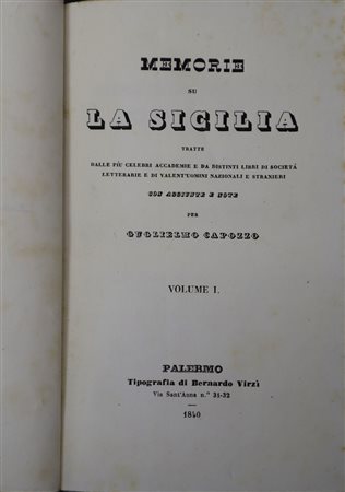 Memorie sulla Sicilia di Guglielmo Capozzo, Volume 1 e Volume 2, Palermo 1840