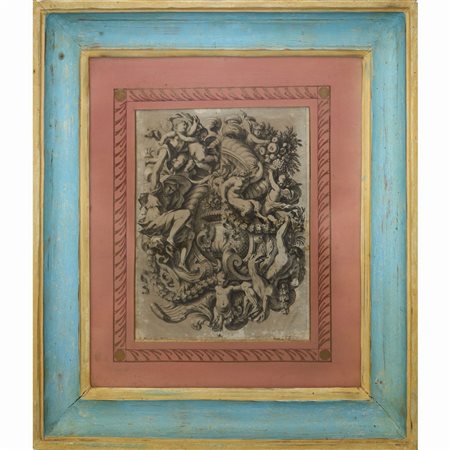 Jean  Le Pautre (Parigi 1618 - Parigi 1682)  - Putti, fauni e ghirlande di fiori e di frutta in cornice di legno laccato