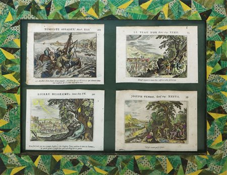 N.4 Incisioni acquerellate raccolte in cornice, 17° secolo